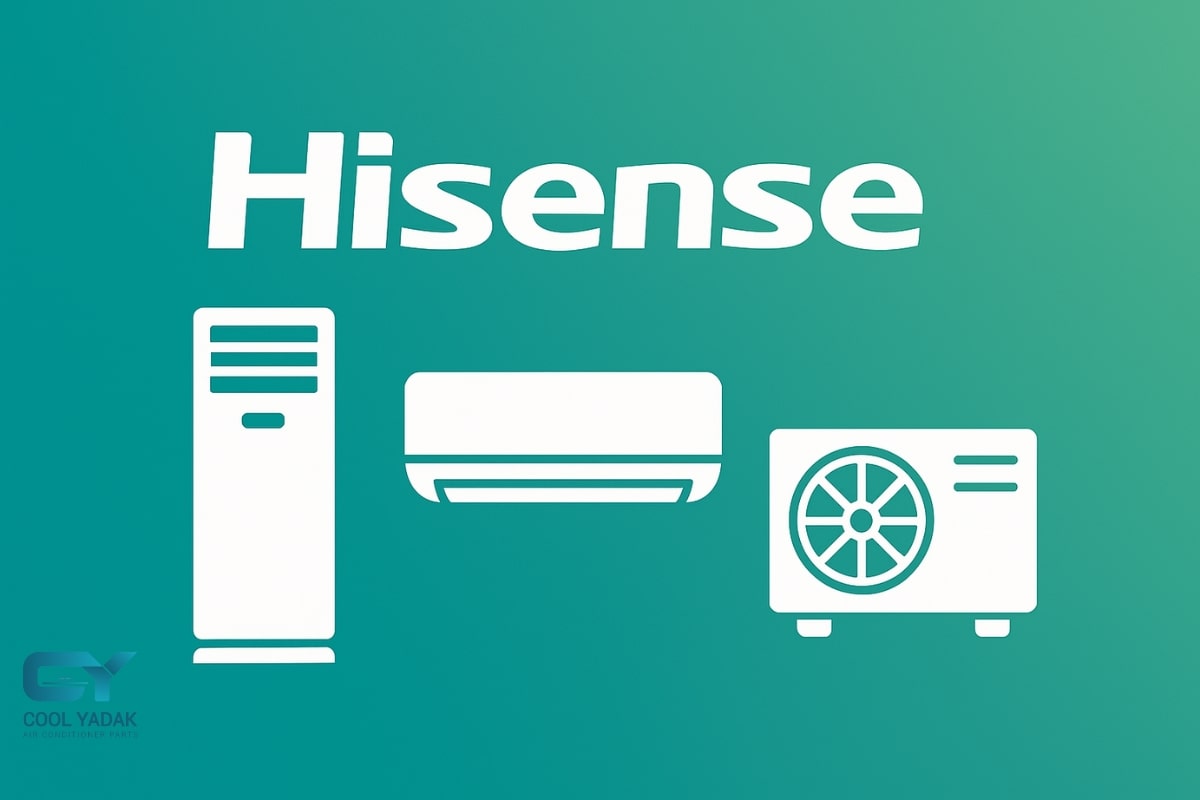 راهنمای ریموت کنترل انواع کولر گازی هایسنس Hisense لوگوی برند هایسنس Hisense همراه با تصویر کولر گازی دیواری و ایستاده در بازار تهویه مطبوع ایران